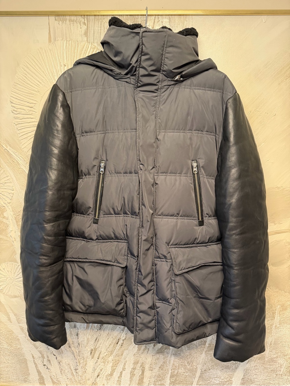 Mackage Black Puffer Jacket with Black Leather Sleeves Size 42